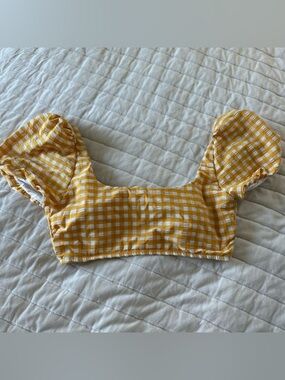 Gianni Bini Yellow cream Gingham Puff-Sleeve swimsuit top tie back size XL